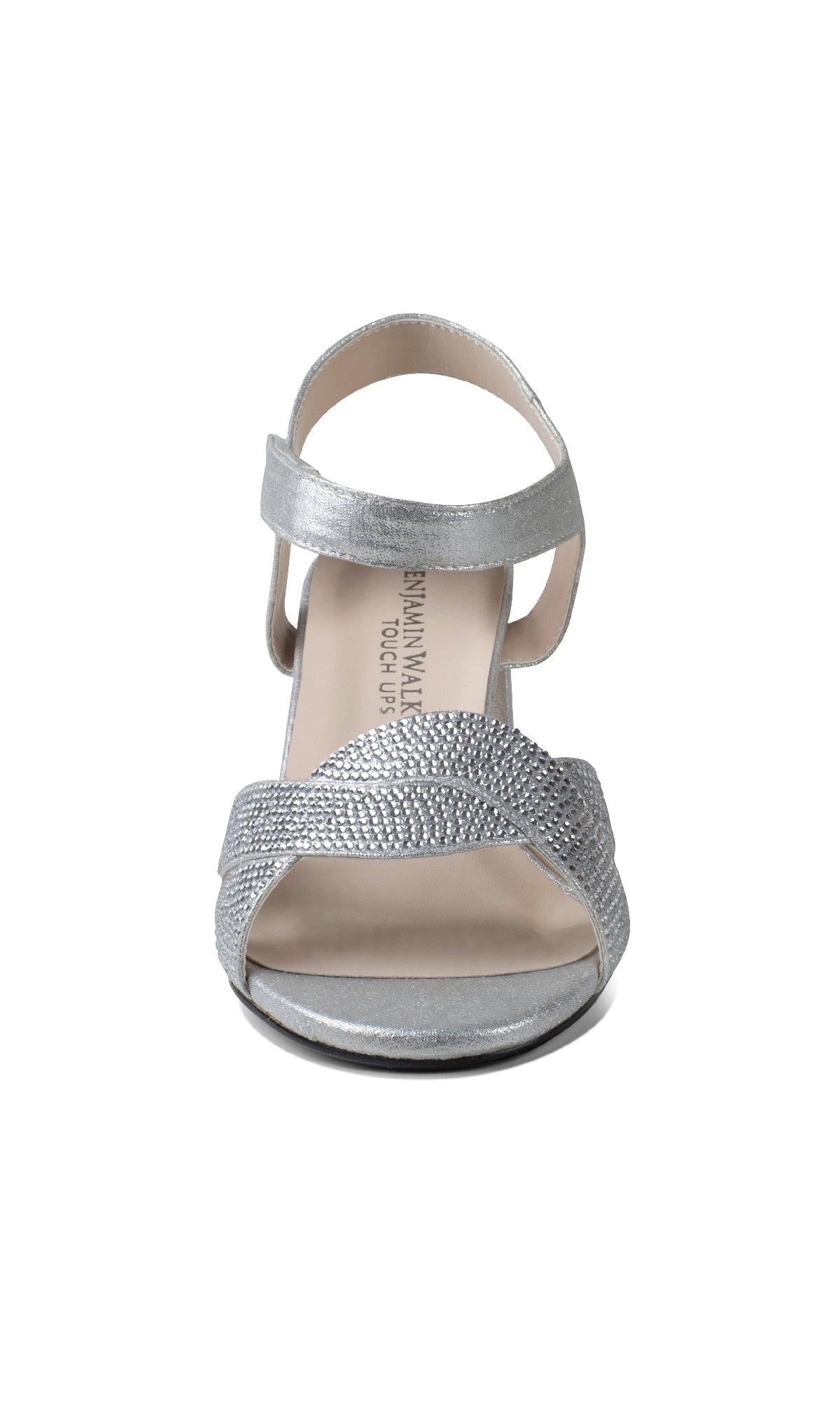 Front view of the Cam Silver Shimmer Prom Dress Shoes by Touch Ups 4638, featuring a textured toe strap, smooth ankle strap, and stylish block heels, displayed against a white background.